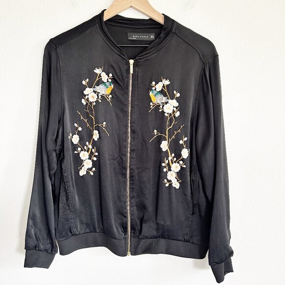 Zara Jacket M Black Satin Embroidered Asian Floral Bird Full Zip Bomber - Picture 1 of 11